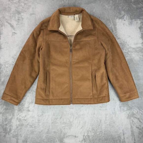 L.L. Bean Chore Barn Coat Sherpa Lined Faux Suede Jacket Mens Brown Fleece Large - Picture 1 of 12